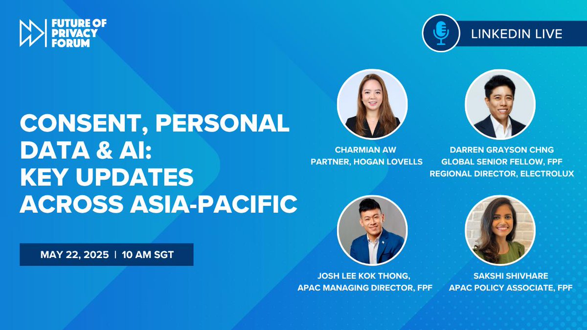 Future of Privacy Forum (@futureofprivacy) on Twitter photo Join us for this week's LinkedIn Lives!
🌏5/22: FPF’s APAC team will go live at 10 am SGT to cover legislative developments in the region.
🤖5/23: <a href="/PrincetonCITP/">Princeton Center for Information Technology Policy</a>’s <a href="/random_walker/">Arvind Narayanan</a> will join <a href="/JulesPolonetsky/">Jules Polonetsky</a> & Stacey Gray at 12 PM ET.
🔗linkedin.com/events/7328510… Join us for this week's LinkedIn Lives!
🌏5/22: FPF’s APAC team will go live at 10 am SGT to cover legislative developments in the region.
🤖5/23: <a href="/PrincetonCITP/">Princeton Center for Information Technology Policy</a>’s <a href="/random_walker/">Arvind Narayanan</a> will join <a href="/JulesPolonetsky/">Jules Polonetsky</a> & Stacey Gray at 12 PM ET.
🔗linkedin.com/events/7328510…