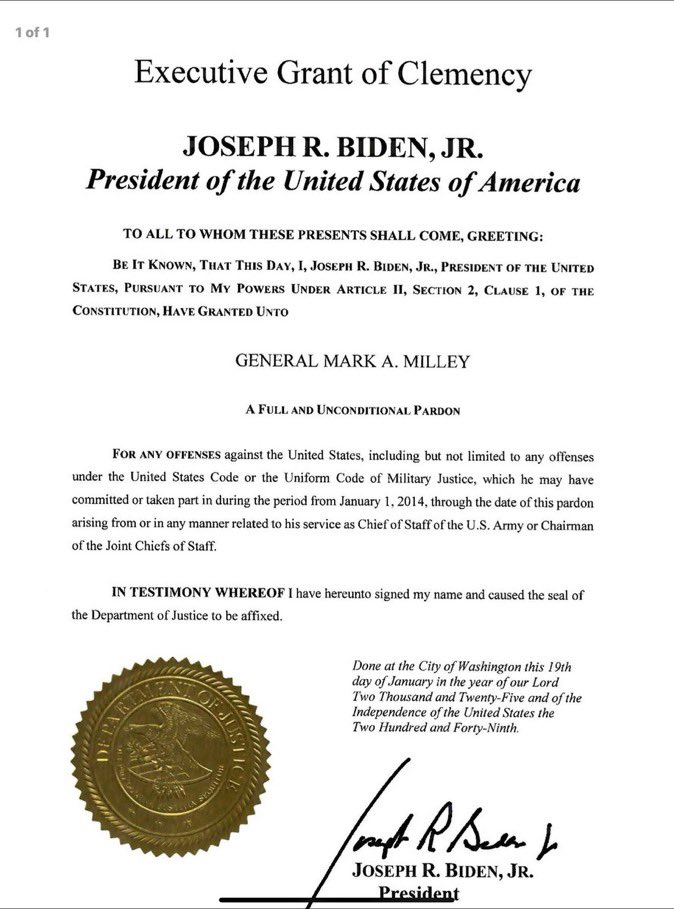 Milajoy's tweet photo. ALL Biden pardons from January 19th were Autopenned including, Fauci, all of the Bidens, the J6 committee, and Mark Miley. 

Signed in the CITY OF WASHINGTON. 

But on January 19, 2025, Joe Biden was physically in Charleston, South Carolina, before departing on his final official flight on Air Force One as president to Delaware.

Fraud!