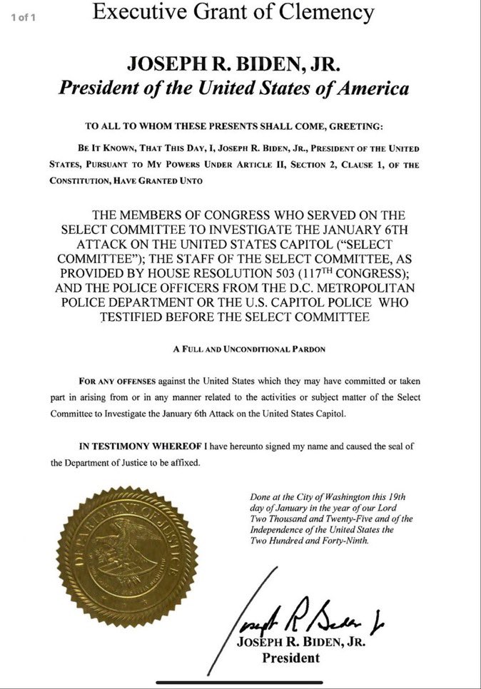 Milajoy's tweet photo. ALL Biden pardons from January 19th were Autopenned including, Fauci, all of the Bidens, the J6 committee, and Mark Miley. 

Signed in the CITY OF WASHINGTON. 

But on January 19, 2025, Joe Biden was physically in Charleston, South Carolina, before departing on his final official flight on Air Force One as president to Delaware.

Fraud!