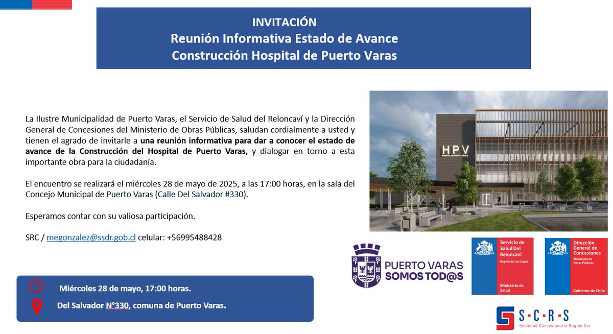 📌 A la comunidad.
Se invita a todos los ciudadanos interesados en conocer los avances del proyecto «Hospital de Puerto Varas» a que participen  de esta charla informativa.
📍 Del Salvador N.°330, sala de consejo municipal.
🗓 28 de mayo 
⏰️ 17 horas 
Los esperamos 🏥