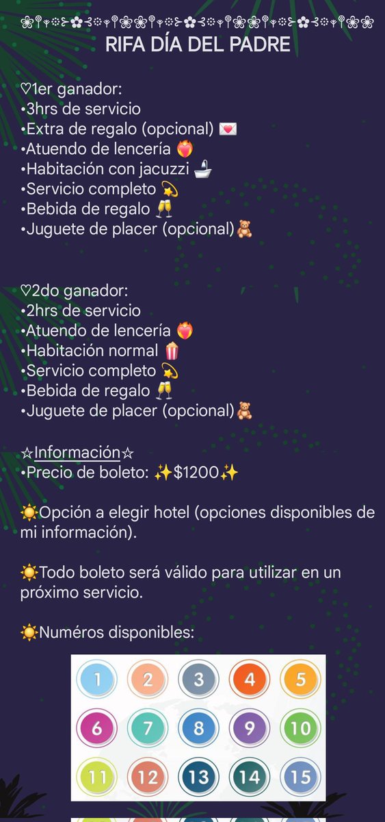 Hi, babies!💕
Les quiero compartir mi primera rifa para el día del padre.🙊

✨️Habrán 2 ganadores✨️
Los que no ganen tendrán su boleto como lugar seguro para tomar servicio.🥰

Los quiero mucho, corazones.
Suerte a todos.💓