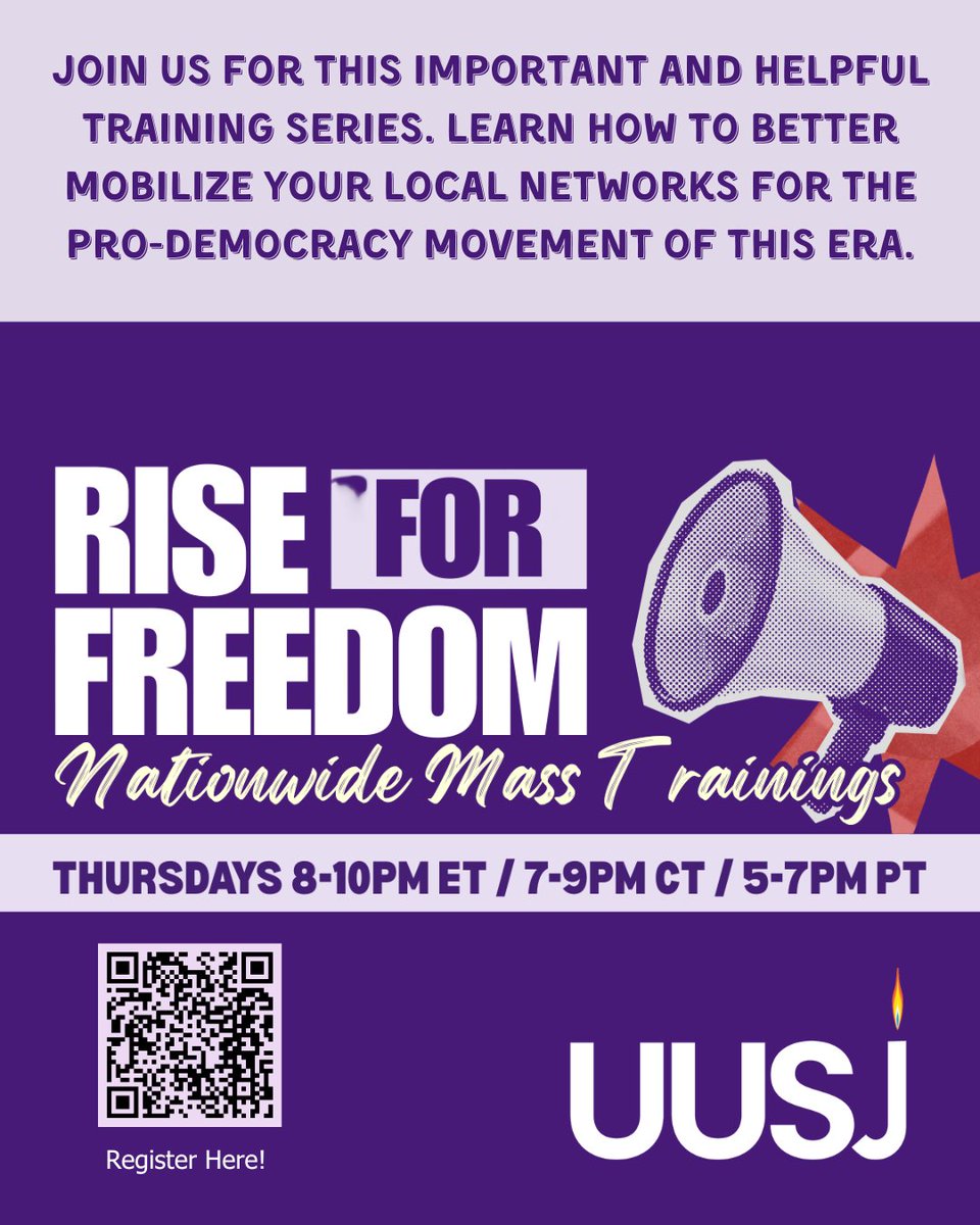 #UUTwitter, Learn how to mobilize effectively so we can #RiseforFreedom.
Thursdays at 8:00 pm ET, 7:00 pm CT, 6:00 pm MT, 5:00 pm PST.
This Thurs. May 22nd – Advanced Organizing Tactics &amp; Strategic Escalation
Register: mobilize.us/risefordemocra…