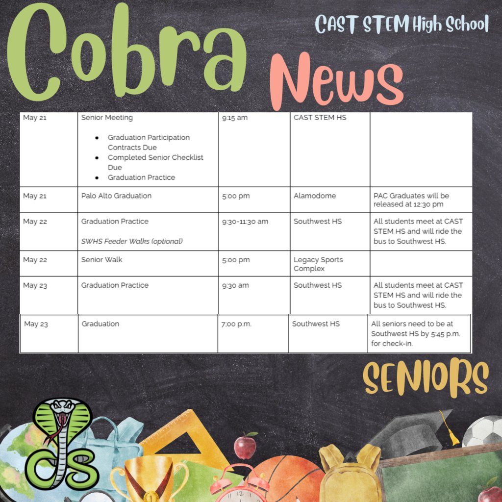 CAST STEM (@swisd_caststem) on Twitter photo Hey Seniors...take a look at the information for the next few days! Let's end the year and celebrate! @castschools <a href="/swisd/">Southwest ISD</a> #gopublic #embracetheexperience #RootEd #SWISDExperience Hey Seniors...take a look at the information for the next few days! Let's end the year and celebrate! @castschools <a href="/swisd/">Southwest ISD</a> #gopublic #embracetheexperience #RootEd #SWISDExperience