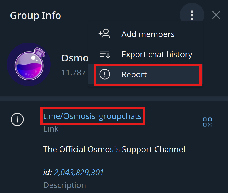 🚨 Warning: Fake Telegram group for Osmosis:

⚠️ Fake admins
⚠️ Mix of real &amp; fake users asking legit questions with convincing answers
⚠️ Legit users auto-added (disable in privacy settings!)
👉 Leave group &amp; report scam: "Osmosis_groupchat"
✅ Real: t.me/osmosis_chat