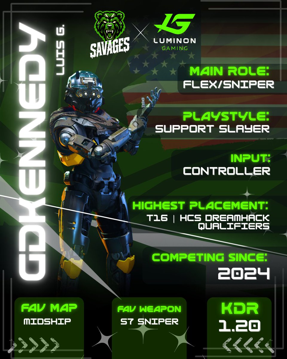 LuminonGaming's tweet photo. The sniper has entered the chat.

@KyloKenn brings Flex/Slayer power to the @SavagesLLC  x @LuminonGaming squad... calculated, composed, and deadly.

He’s locked for #HCSDallas25 🔒 https://t.co/yrBtyqWWiZ