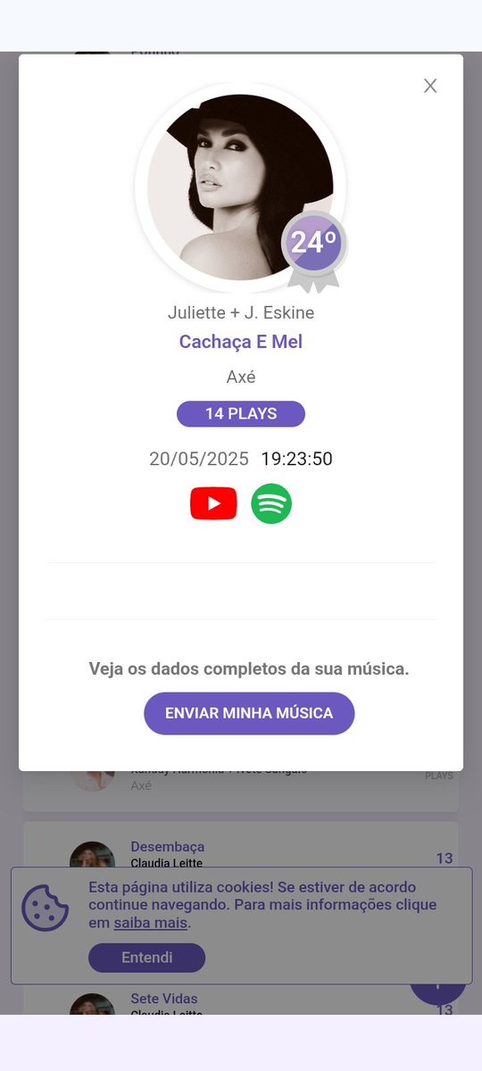 Ranking das músicas mais tocadas nas rádios! 📻🎶

Categoria: Axé

Música: #CachaçaeMel

Na 24° posição com 14 plays!