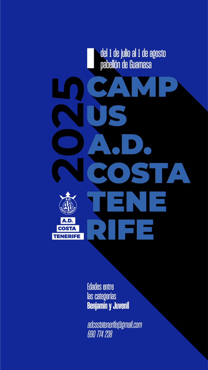 Costa Tenerife (@costa_tenerife) on Twitter photo #OFICIAL 📅🌴☀️ ¡Llega el primer Campus de Verano del A.D. Costa Tenerife!
Este mes de julio, vive una experiencia única llena de fútbol, diversión y valores deportivos en un entorno inmejorable.
Más info e inscripciones: 690774238 o adcostatenerife@gmail.com
💙🤍🖤 #OFICIAL 📅🌴☀️ ¡Llega el primer Campus de Verano del A.D. Costa Tenerife!
Este mes de julio, vive una experiencia única llena de fútbol, diversión y valores deportivos en un entorno inmejorable.
Más info e inscripciones: 690774238 o adcostatenerife@gmail.com
💙🤍🖤