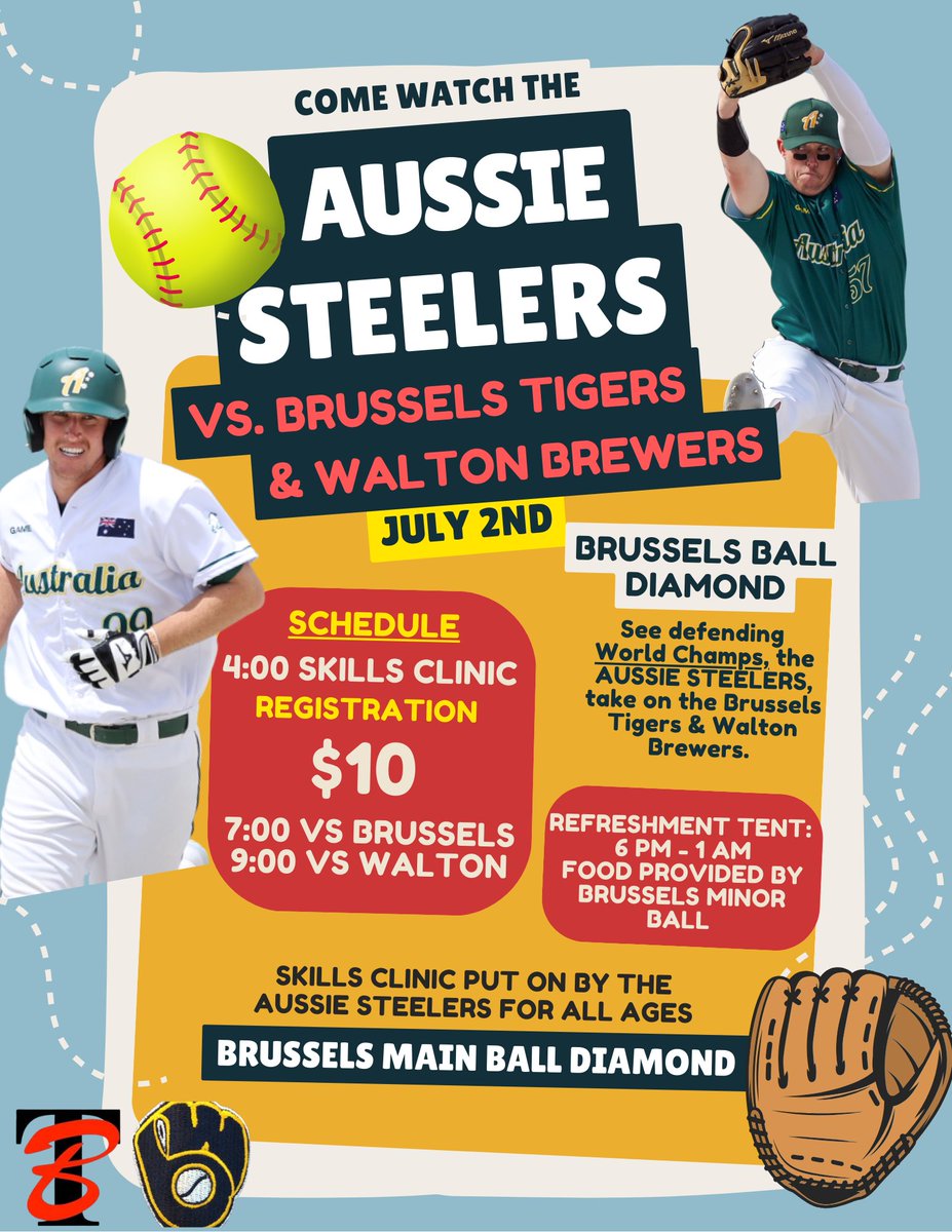 BrusselsTigersFastball (@fastballtigers) on Twitter photo Aussie Steelers are coming to town to take on the Brussels Tigers and <a href="/WaltonBrewers/">Walton Brewers</a>. Come by to watch some exciting ball and also a kids clinic put on by the Steelers before the games. <a href="/TheHCFL/">The HCFL</a> <a href="/AlsFastball/">Al Doran</a> <a href="/blairjs17/">Blair Setford</a> Aussie Steelers are coming to town to take on the Brussels Tigers and <a href="/WaltonBrewers/">Walton Brewers</a>. Come by to watch some exciting ball and also a kids clinic put on by the Steelers before the games. <a href="/TheHCFL/">The HCFL</a> <a href="/AlsFastball/">Al Doran</a> <a href="/blairjs17/">Blair Setford</a>
