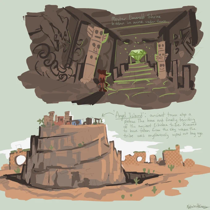 Angel Island is atop a large plateau, and is rumored to have fallen out of the sky long ago when the ancient echidna tribe was mysteriously wiped out. Unknown to most, the Master Emerald shrine is hidden in the lost mine shafts below town and powers the city with chaos energy.