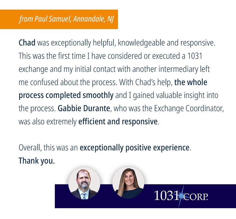 1031CORP's tweet image. “Chad was knowledgeable, Gabbie was responsive, and the whole process went smoothly.”
That’s what Paul from NJ had to say about his first-ever 1031 Exchange.
👉 Read his full story below.

#1031CORP #1031exchanges #RealEstateInvesting #RealEstateStrategy #TaxStrategy