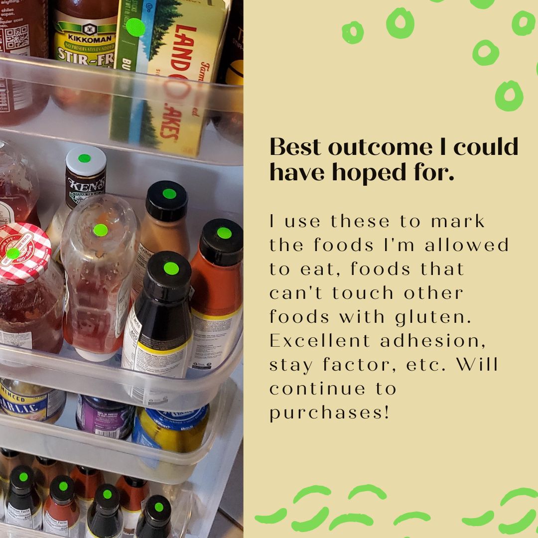ChromaLabel's tweet image. Standing out for safety! 💚
One of our amazing customers uses our Fluorescent Green Dots to label gluten-safe foods—keeping things clearly marked and cross-contamination-free. Bright, bold, and built to stick! 🌟

#ChromaLabel  #FoodSafety #LabelItRight #ColorCoding