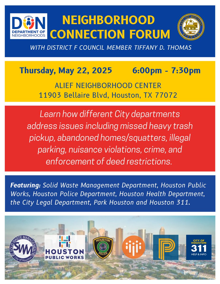 Join us tomorrow for the Neighborhood Connection Forum! Ask questions about code enforcement and how the City works with neighborhoods.Meet representatives from seven City departments and Council Member Tiffany Thomas!