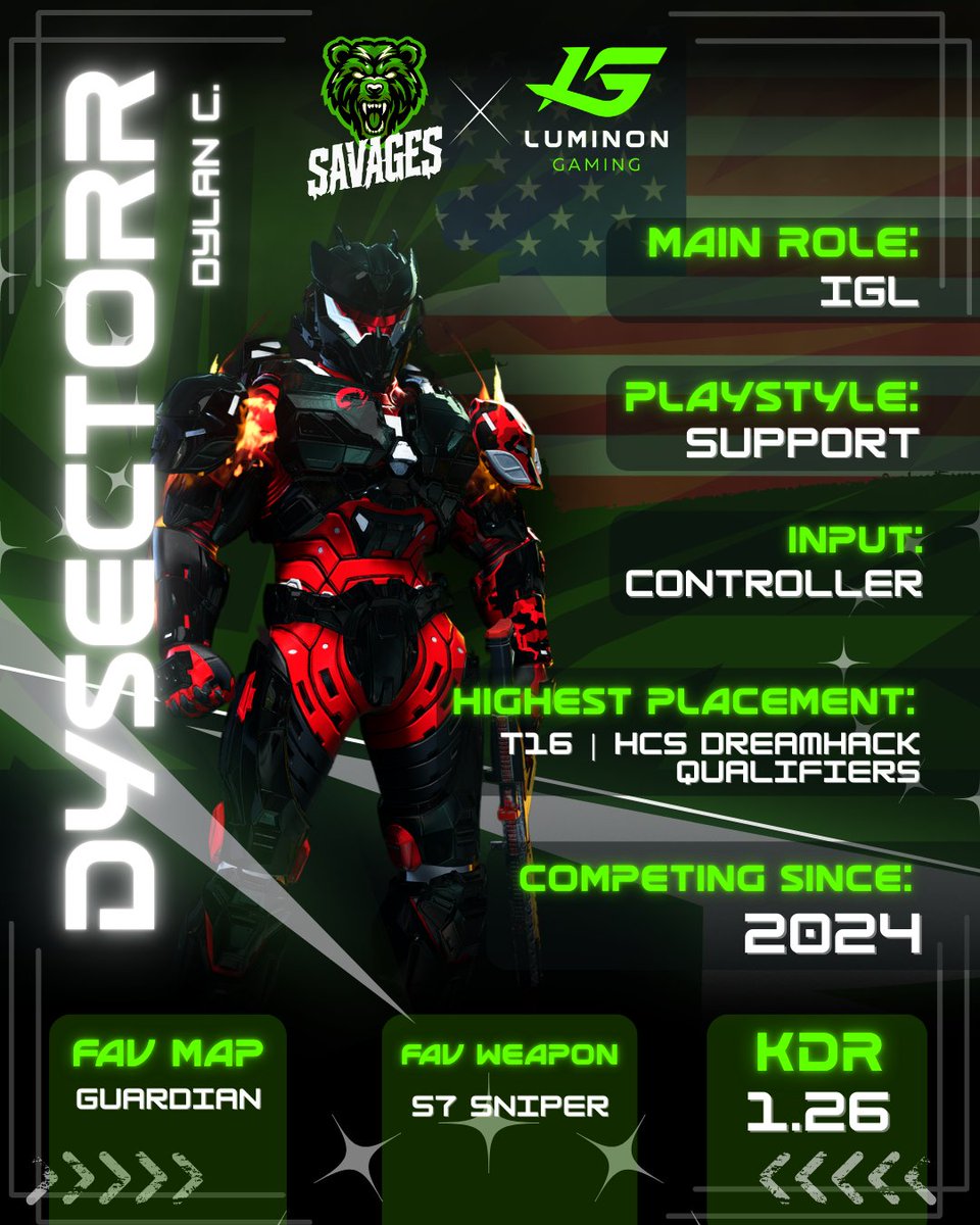 Leading the charge for <a href="/SavagesLLC/">SAVAGES</a>  x <a href="/LuminonGaming/">Luminon Gaming</a> at #HCSDallas25 is none other than our IGL <a href="/Dysectorr/">Dysectorr</a> 💚🔥

A support mastermind with a deadly aim, he’s the brain behind the squad’s momentum.