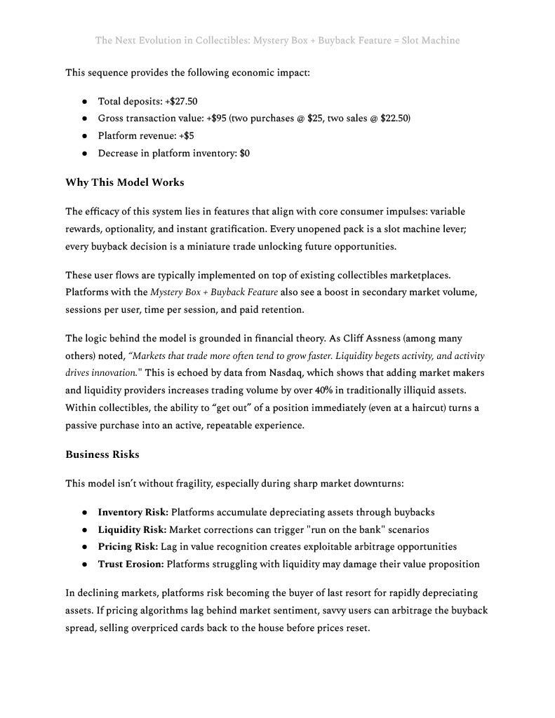 LloydDanzig's tweet image. We have been seeing an influx of innovation in the collectibles space around collateralization and fractionalization. Recently, we noticed accelerated adoption of a mechanic we call &apos;Mystery Box + Buyback Feature = Slot Machine&apos;. 

Full article: sharpalpha.substack.com/p/the-next-evo…