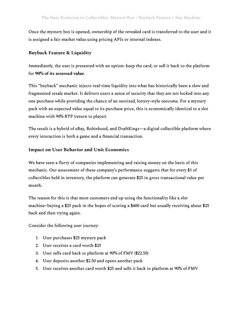 LloydDanzig's tweet image. We have been seeing an influx of innovation in the collectibles space around collateralization and fractionalization. Recently, we noticed accelerated adoption of a mechanic we call &apos;Mystery Box + Buyback Feature = Slot Machine&apos;. 

Full article: sharpalpha.substack.com/p/the-next-evo…