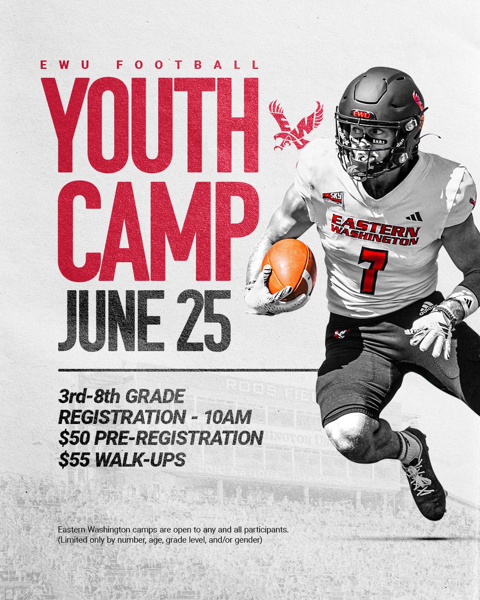Calling all youth campers! ⛺️

 🗓️ June 25th
🦅 Ages: 3rd-8th Grade
Pre Camp Registration: $50
Walk Ups: $55
Registration 🔗: ewufootball.totalcamps.com

#GoEags #EKG