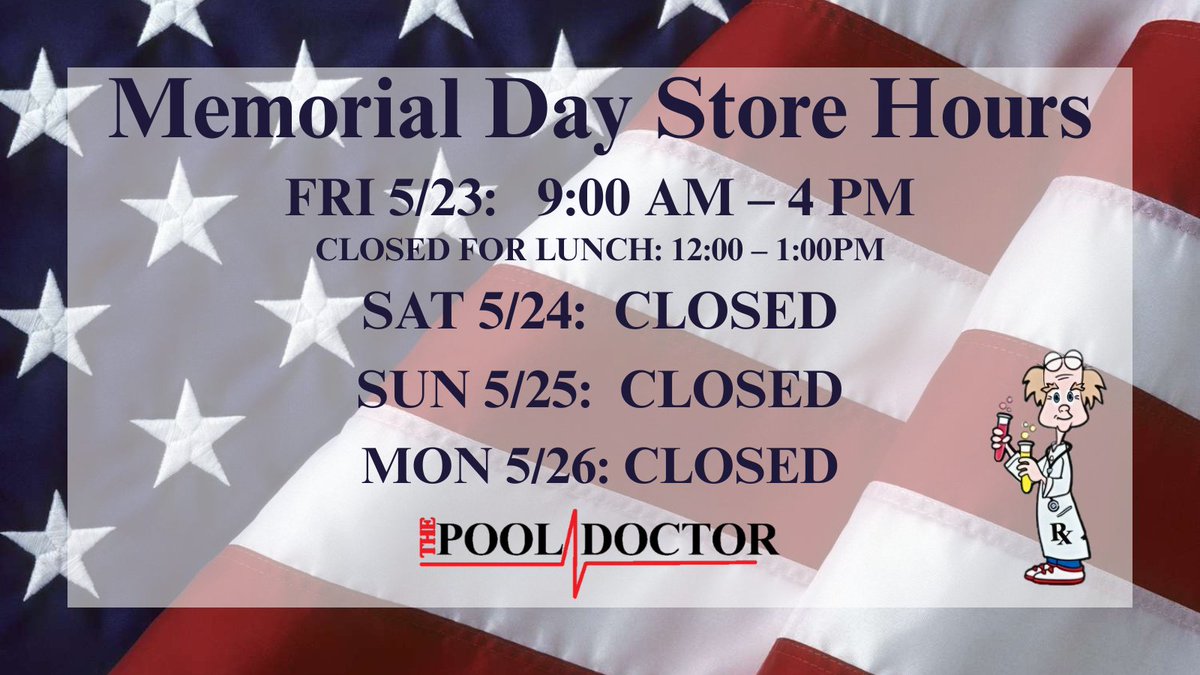 Have a happy and safe Memorial Day weekend!  We will be open on Friday, May 23rd from 9 AM to 4 PM, with a lunch closure from 12 PM to 1 PM.  Our office will be closed on Saturday, Sunday, and Monday.  #PoolServices #HolidaySchedule #PoolMaintenance conta.cc/43G61ZC