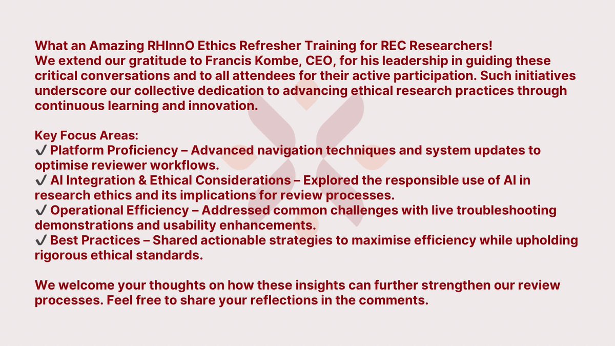 Don’t miss the opportunity to engage with us!

#ethics #ethicstraining #capacitybuilding #research #researchethics #researchintegrity #ethicsreview #ethicsreviewboard #aiethics