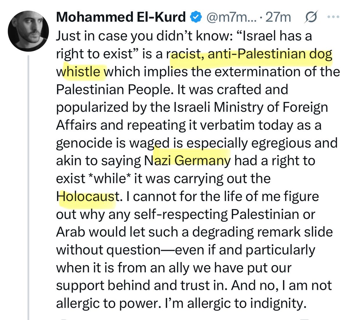 The Jewish State merely existing is a “dogwhistle”. Insane.