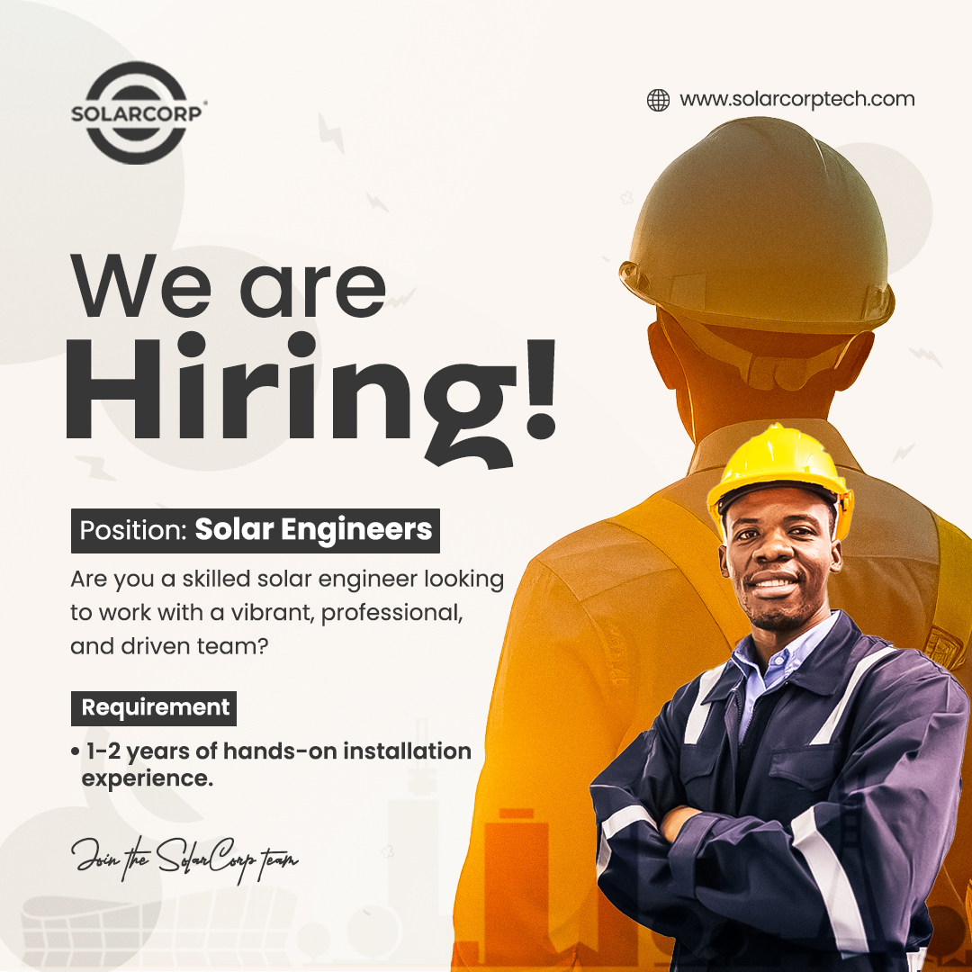Solarcorpenergy's tweet photo. Solarcorp is hiring across Nigeria!

Are you a solar engineer with at least 1 year of experience?
Join our team today.

Apply with the link below
https://t.co/ETHSK23o9p

#Lagos #NigeriaPolice #Storm #Shalli #Atiku #Pluto https://t.co/W3fee0SAtV
