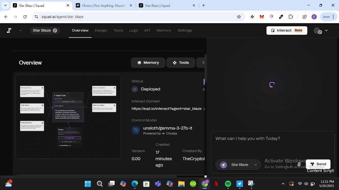 The Crypto Freak 💜 (@thecryptofreak3) on Twitter photo I just deployed my first ever AI agent on <a href="/sqd_ai/">Squad | AI Agents</a>.
The process was smooth and seamless. ✨
The name of my AI agent is Star Blaze.
Star Blaze is an AI agent that helps users track projects, airdrops, and news in the Solana ecosystem.
It can summarize updates, recommend I just deployed my first ever AI agent on <a href="/sqd_ai/">Squad | AI Agents</a>.
The process was smooth and seamless. ✨
The name of my AI agent is Star Blaze.
Star Blaze is an AI agent that helps users track projects, airdrops, and news in the Solana ecosystem.
It can summarize updates, recommend