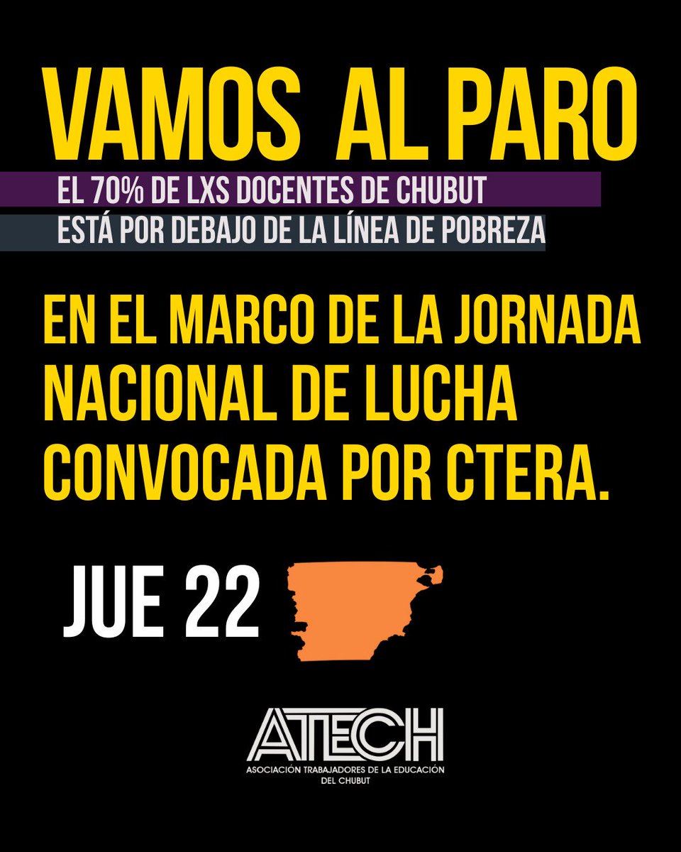 ¡EN CHUBUT VAMOS AL PARO!

En el marco de la Jornada de Lucha convocada por Ctera, el jueves 22/05 paramos en toda la provincia.Proponemos realizar actividades de visibilización en las distintas regionales y localidades.

Comunicado completo: 
atech.org.ar/vamos-al-paro-…