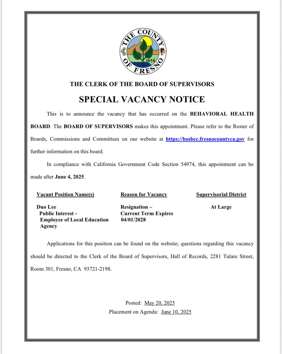 The Clerk of the Board of Supervisors announces a special vacancy notice.

If you are interested in applying to this position, please click on the link below:
bosbcc.co.fresno.ca.us