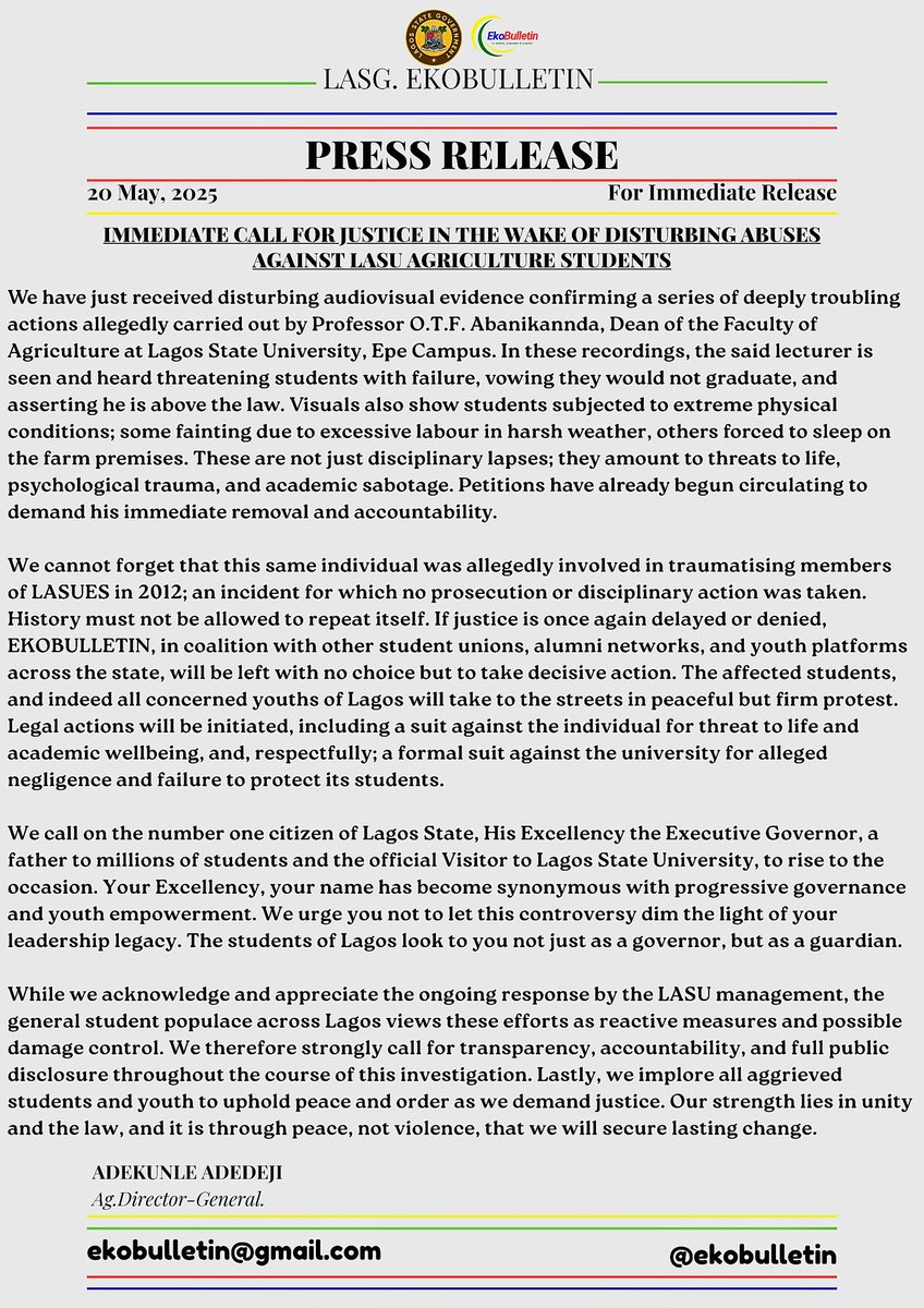 Immediate Call for Justice in the Wake of Disturbing Abuses Against LASU Agriculture Students

#AllEyesOnLasuFactFindingPanel 
<a href="/instablog9ja/">Instablog9ja</a> <a href="/GRVlagos/">Gbadebo Rhodes-Vivour</a> <a href="/yabaleftonline/">YabaLeftOnline</a> <a href="/jidesanwoolu/">Babajide Sanwo-Olu</a> <a href="/LasuAdvocacy/">CAMPUS ADVOCACY🗣️</a> <a href="/LASUOfficial/">Lagos State University</a> <a href="/TheNigerianVoic/">The Nigerian Voice</a> <a href="/SaharaReporters/">Sahara Reporters</a>