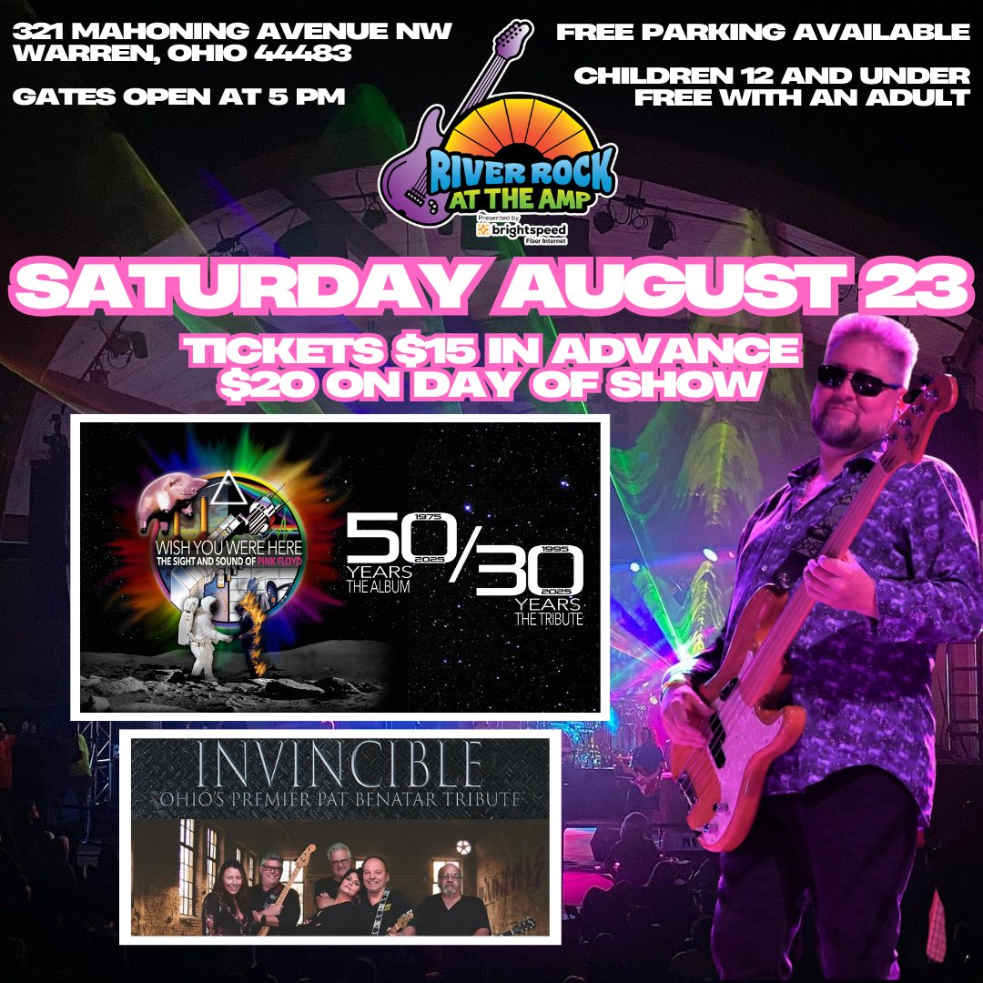SATURDAY AUG 23 WISH YOU WERE HERE The Sight &amp; Sound of #PinkFloyd returns to rock the Amp with Invincible Pat Benatar Tribute Band

TICKETS on sale now
- riverrockattheamp.com
- <a href="/SunriseInnPizza/">Sunrise Inn of Warren</a> 
- <a href="/EastwoodMallOH/">Eastwood Mall</a> customer service desk
- will be at the gate

#riverrockattheamp