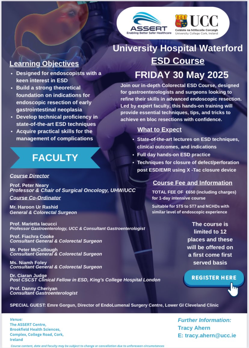 UHW Surgery (@surgeryuhw) on Twitter photo Final Few Places Remaining🔹 Master Advanced Endoscopic Resection 🔹
<a href="/UHW_Waterford/">Univ Hosp Waterford</a> ESD Course is designed for endoscopists looking to enhance their skills in Endoscopic Submucosal Dissection (ESD).
📅 29 May 2025 – Consultants
📅 30 May 2025 – SPRs/
assert.ucc.ie/courses/univer… Final Few Places Remaining🔹 Master Advanced Endoscopic Resection 🔹
<a href="/UHW_Waterford/">Univ Hosp Waterford</a> ESD Course is designed for endoscopists looking to enhance their skills in Endoscopic Submucosal Dissection (ESD).
📅 29 May 2025 – Consultants
📅 30 May 2025 – SPRs/
assert.ucc.ie/courses/univer…