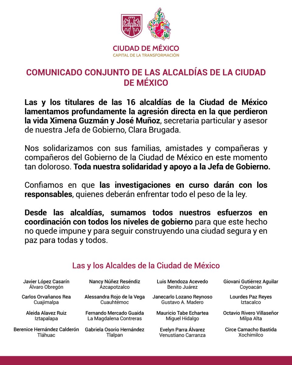 yancolozano's tweet photo. Condeno con firmeza el cobarde asesinato de Ximena Guzmán y Jose Muñoz.
Toda mi solidaridad con la Jefa de Gobierno @ClaraBrugadaM y sus seres queridos.

Desde @TuAlcaldiaGAM , todo nuestro respaldo para que se haga justicia.
¡Esta ciudad no se rinde! https://t.co/r7GbsrMrd5