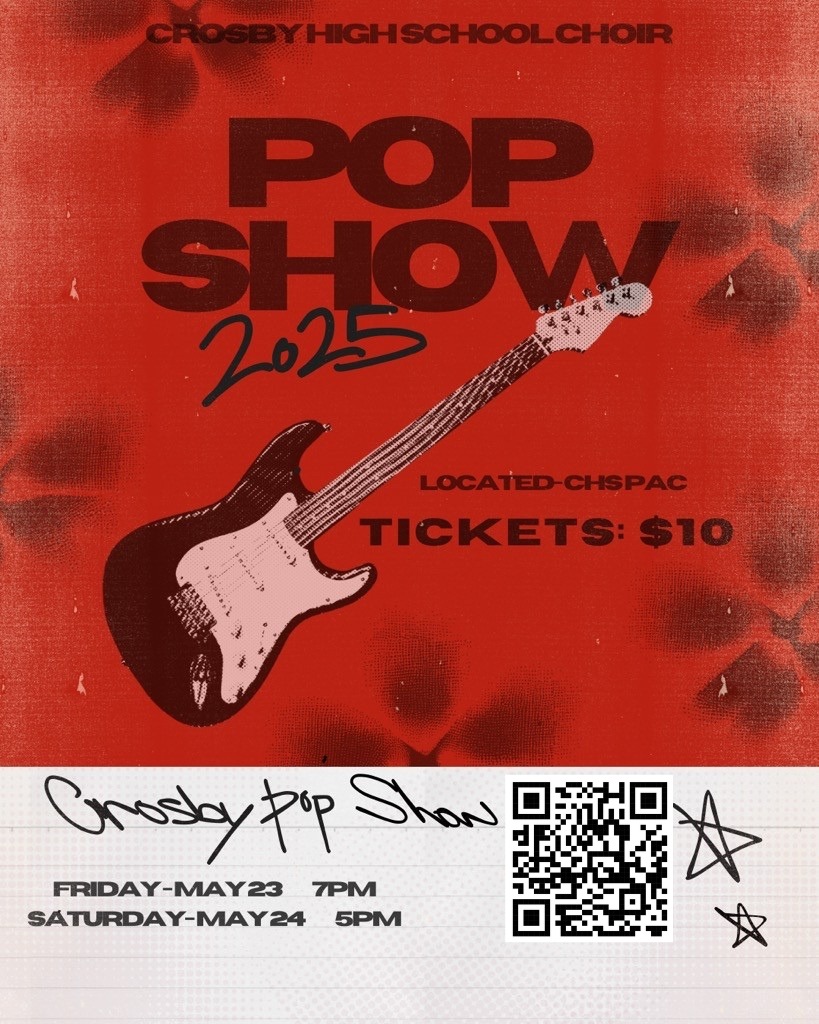 Crosby ISD (@crosbyisd) on Twitter photo TODAY!
Join the <a href="/CrosbyHigh/">Crosby High School</a> Choir’s 2025 Pop Show for an unforgettable night of music and entertainment! We can’t wait to see you there!
🏫 CHS Performing Arts Center
🕔 Today at 5pm
🎟️ Tickets are $10
tinyurl.com/4sdbsutn
#committedtoexcellence TODAY!
Join the <a href="/CrosbyHigh/">Crosby High School</a> Choir’s 2025 Pop Show for an unforgettable night of music and entertainment! We can’t wait to see you there!
🏫 CHS Performing Arts Center
🕔 Today at 5pm
🎟️ Tickets are $10
tinyurl.com/4sdbsutn
#committedtoexcellence