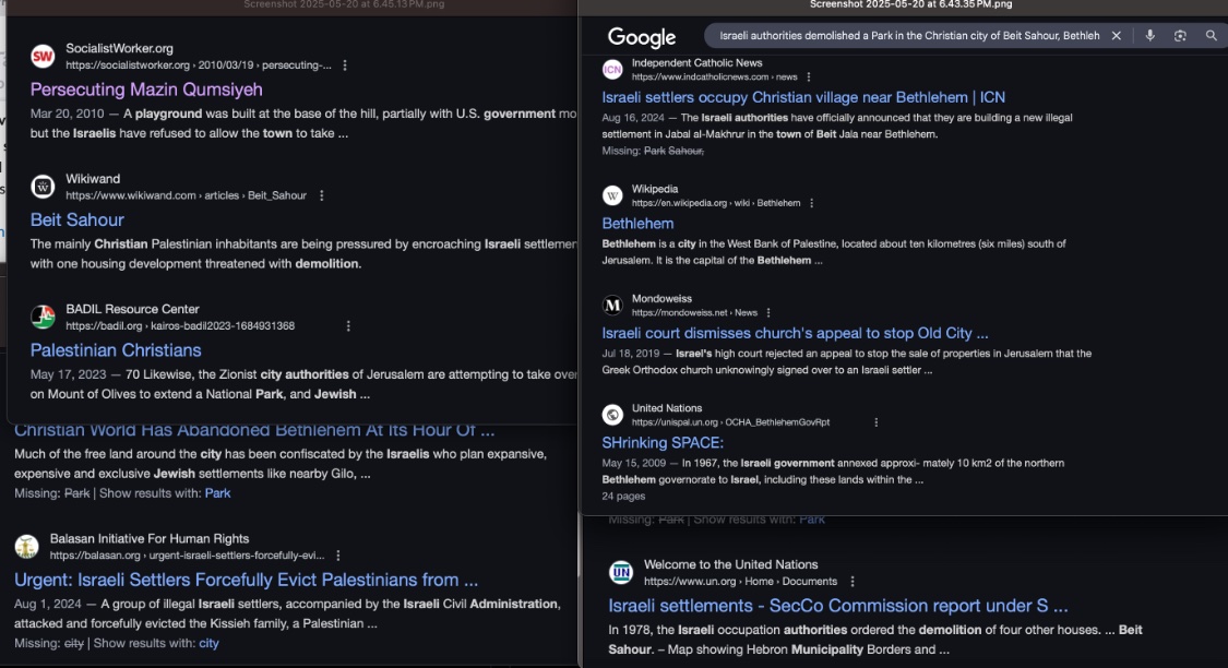 AjDroba's tweet image. Put "Israeli authorities demolished a Park in the Christian city of Beit Sahour, Bethlehem" into google. Observe the dates.