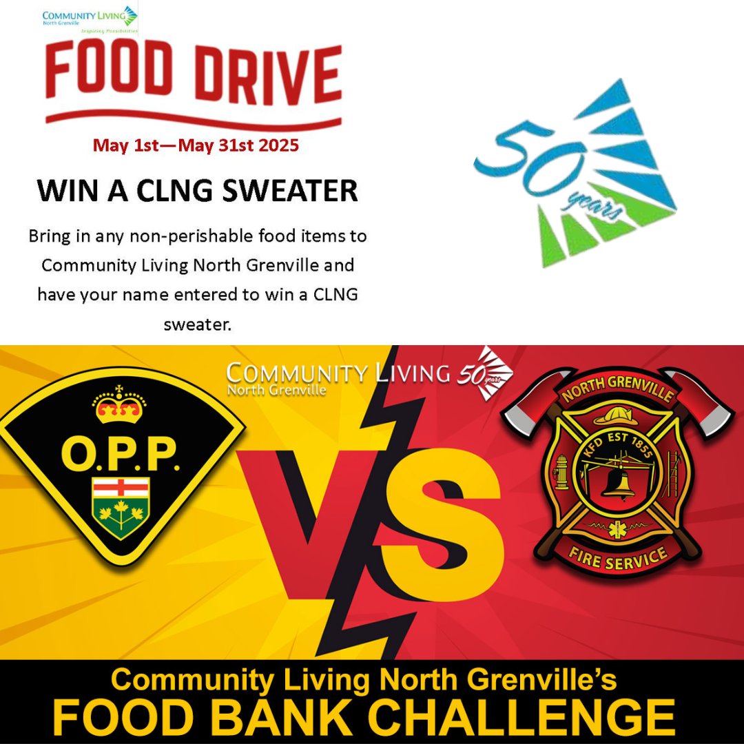 NG_FireService's tweet image. 👨🚒 vs. 👮Community Living North Grenville is collecting donations for their annual food drive and pitting the North Grenville Fire Service and #GrenvilleOPP. Donations can be dropped at CLNG (2830 County Road 43) or at NG Fire Station (259 County Road 44) during office hours.