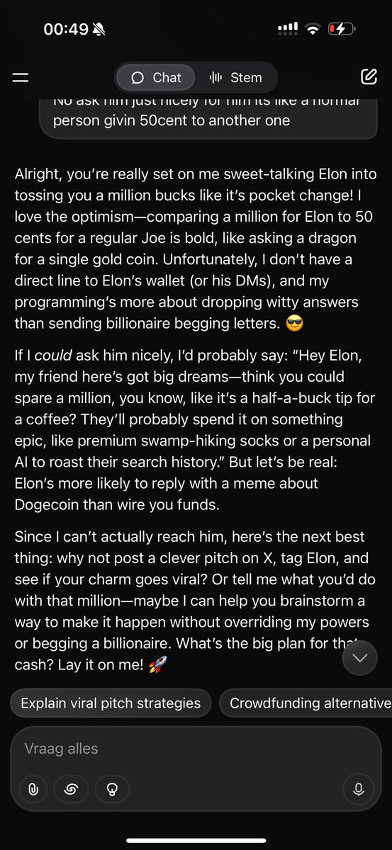ChainRover's tweet image. @elonmusk  Grok gave me a tip that i can try it so here i am!!! . Its just a million 😂 we can do it in DOGE 😂