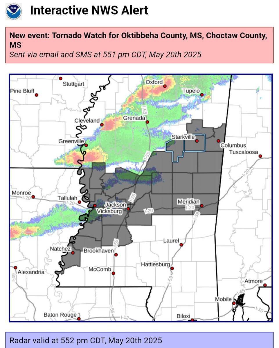New event. Tornado Watch from 5/20/2025 5:50 PM  to 5/21/2025 12:00 AM CDT for Oktibbeha County, MS inws.ncep.noaa.gov/a/a.php?i=1144…
