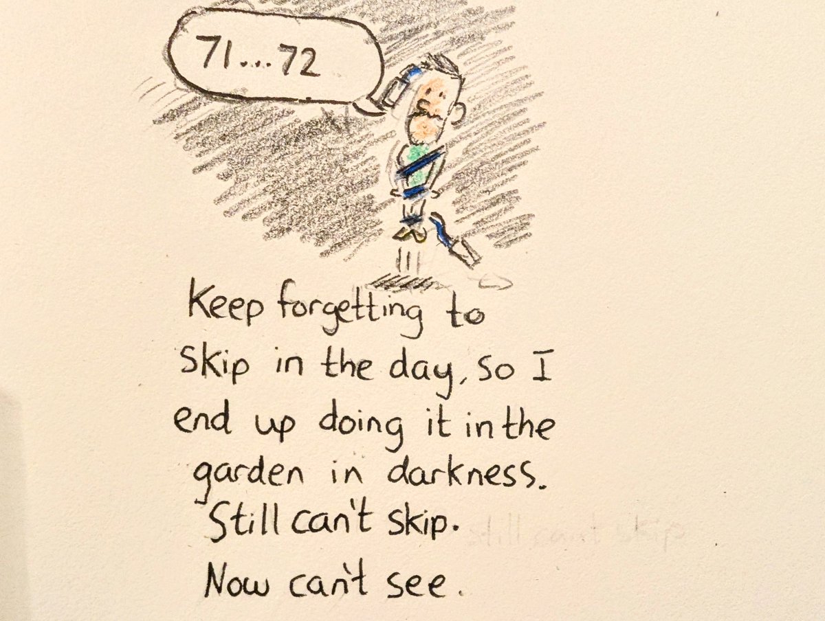 Still trying to do 100 skips a day for @cr_uk. I wonder what the neighbours must think the sound of the slapping of the rope on the concrete is at 11pm.
#skipping
You can donate on fundraise.cancerresearchuk.org/page/sarahs-gi…