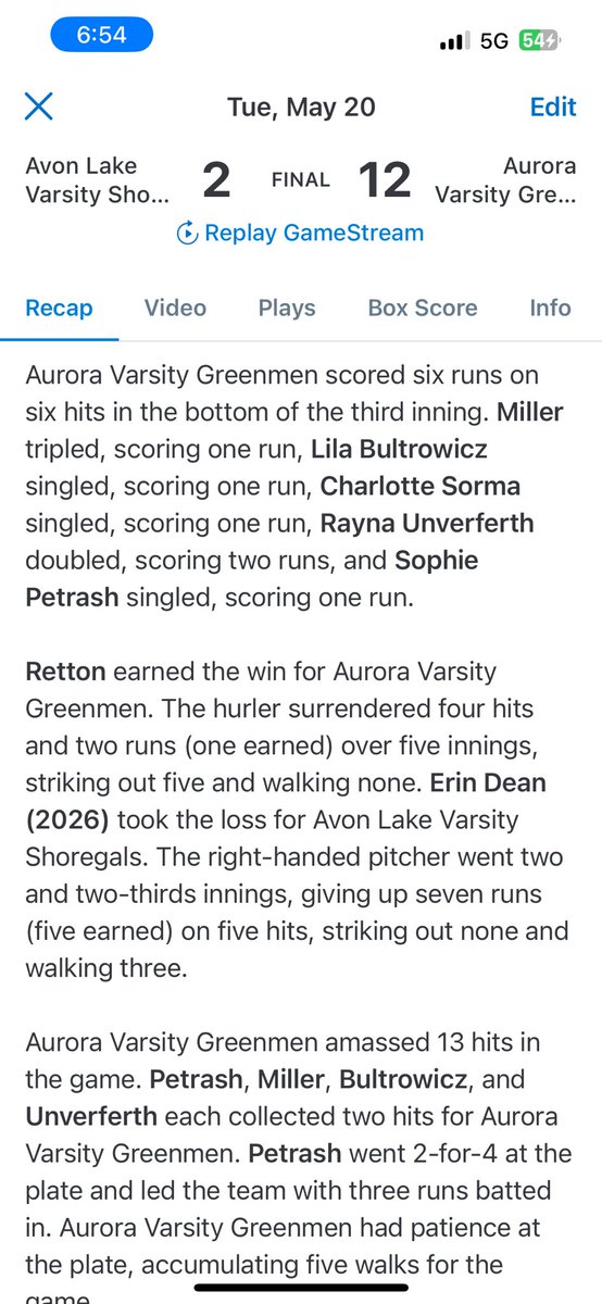 Aurora defeats Avon Lake 12-2 in 5, with <a href="/sophpet07/">Sophie Petrash</a> scoring on a wild pitch to end it.

<a href="/sretton2/">Sophie Retton</a> gets the W!

<a href="/sophpet07/">Sophie Petrash</a> and Julia Miller both with a triple! 

<a href="/RaynaUnverferth/">Rayna Unverferth</a> with a diving catch! 

Game recap below 👇🏼