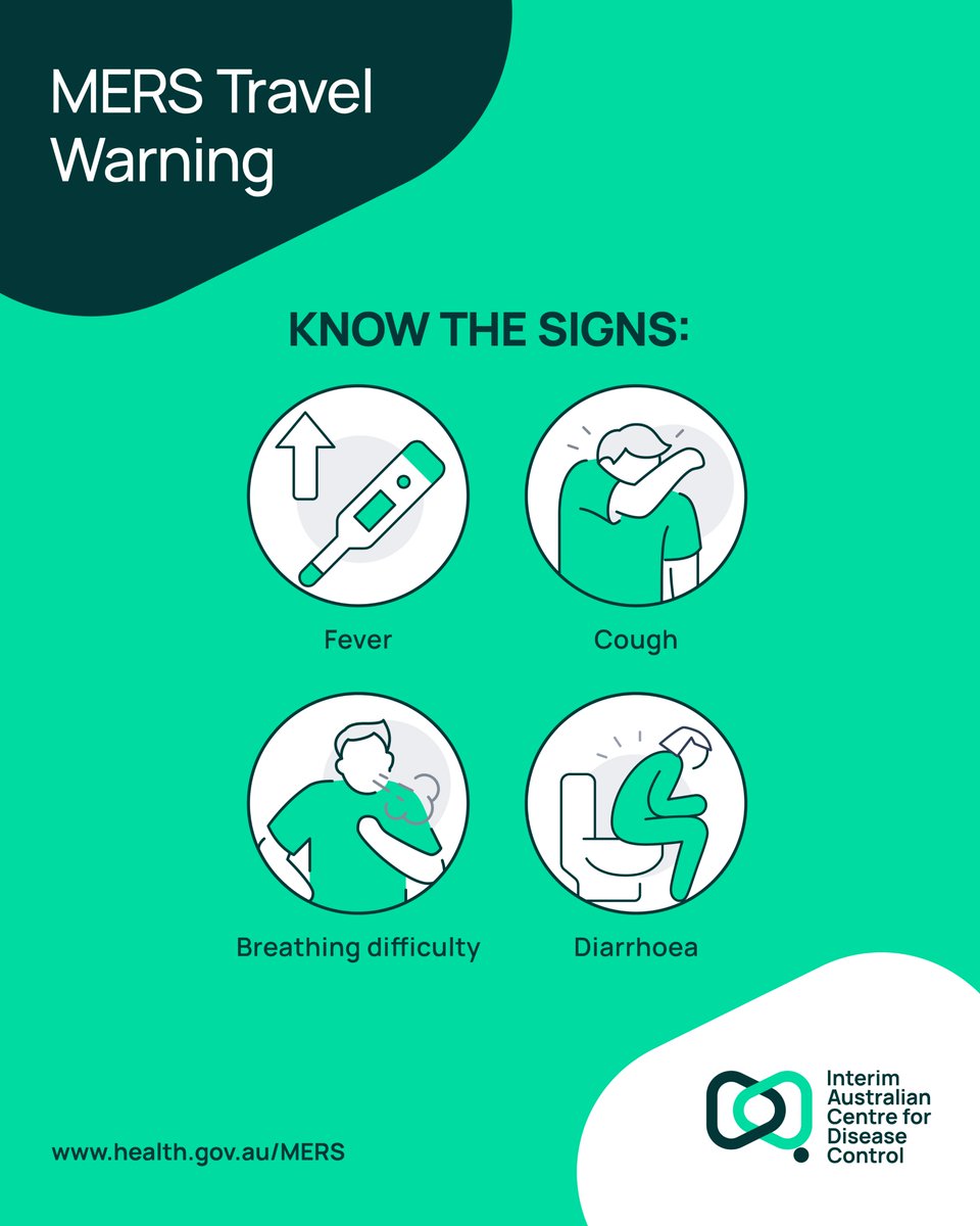 #MERS is a severe respiratory illness caught from camels or infected people.

Symptoms include fever, cough, breathing difficulties &amp; diarrhoea. If you’re travelling to the Middle East for #Hajj, talk to your doctor and visit 💻 health.gov.au/MERS

#TravelHealth