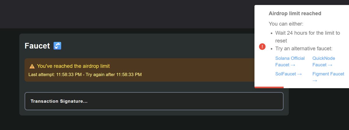 tezcyber's tweet image. I&apos;ve enhanced my @solana  faucet component with two key features:
Rate Limiter - Enforces a 24-hour cooldown period between airdrops
Countdown Timer - Visually shows users when they can request again
#web3 #solana #web3frontend #react #buildinpublic