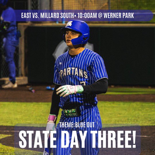 🚨ITS THE THIRD ROUND OF STATE⚾️

EAST 🤩 VS. MILLARD SOUTH 👎🏻

⏰ 10:00AM 
📍WERNER 
🗓️ WEDNESDAY , MAY 21

THEME: BLUE OUT 💙💙

MAKE THE TRIP🚙🚘

*ALL ATTENDEES MUST PURCHASE A TICKET*