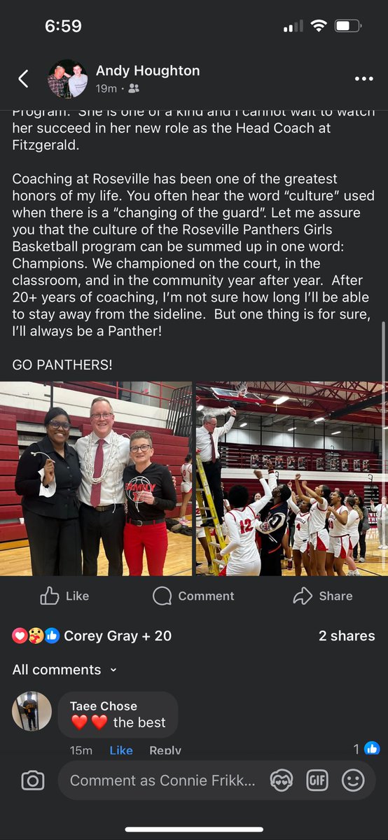 We are forever thankful for Coach Andy and what he has done for the program of Roseville. Forever a Panther ❤️🏀🖤