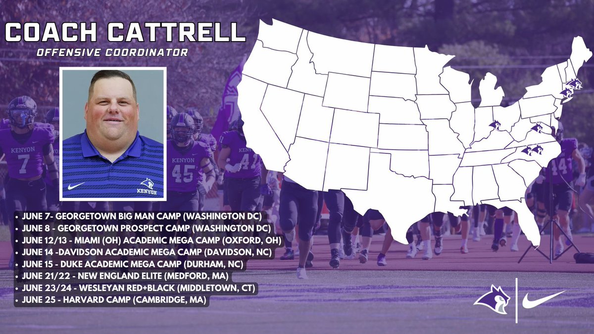 Kenyon Football (@kenyonfootball) on Twitter photo Camp season is here! Next up, check out where Offensive Coordinator <a href="/Coach_Cattrell/">Blake Cattrell</a> will be on the road this summer, looking for future Owls!
#EarnIt #TakeFLIGHT #GoOwls Camp season is here! Next up, check out where Offensive Coordinator <a href="/Coach_Cattrell/">Blake Cattrell</a> will be on the road this summer, looking for future Owls!
#EarnIt #TakeFLIGHT #GoOwls