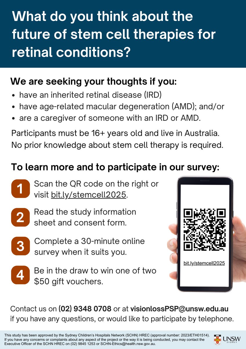 #StudyAlert: Do you have an inherited retinal disease, age-related macular degeneration or are a caregiver of someone with either of these conditions? 

Participate in a short online survey to share your thoughts on the future of cell therapies: bit.ly/stemcell2025