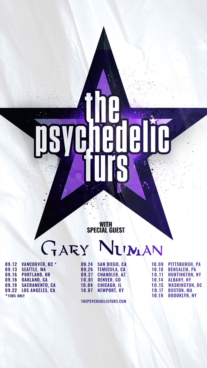 I’ll be touring with The Psychedelic Furs on their US tour in Sep/Oct. I’m also playing 15 of my own headline shows within that period. Tix (P Furs &amp; GN) on local presale Thursday, May 22 at 10am. General tix on sale Friday, May 23rd at 10am. Tix links: garynuman.com/tours