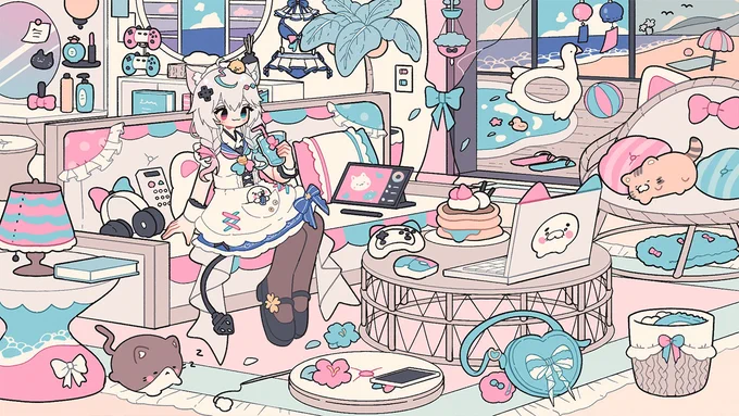 先日より作業配信サムネに使っているこちらのイラスト、わいびー様()に描いて頂きました。ありがとうございます。 私の大好きな南国テイストを入れて頂きつつ、どうぶつ達も居てほっこり空間。ここに住みたい