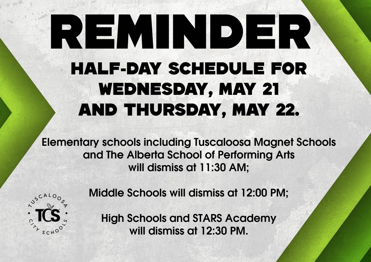 TπS Board of Ed (@tcsboardofed) on Twitter photo Half-days for Wednesday, May 21 and Thursday, May 22.
<a href="/MikeDaria/">Mike Daria</a> <a href="/tidecam/">Deron Cameron</a> <a href="/missgoggins/">ππππππ πΆππππππ, π½π±π²π</a> <a href="/AngieFMorrison/">Angie Fuller Morrison, NBCT</a> <a href="/DeniseArringt19/">Dr. Denise Arrington</a> <a href="/TuscaloosaPatch/">Tuscaloosa Patch</a> <a href="/tuscaloosanews/">The Tuscaloosa News</a> <a href="/wvua23/">WVUA 23</a> <a href="/bamaEMW/">Eric Wilson</a> <a href="/ESPNupe/">James Darin Pope</a> <a href="/TerriCeleste1/">Terri Byrts</a> <a href="/JayDuke49456304/">Jay Duke</a> <a href="/TCSAthletics_1/">Athletics in TCS</a> <a href="/TCSArts/">Jeff Schultz</a> Half-days for Wednesday, May 21 and Thursday, May 22.
<a href="/MikeDaria/">Mike Daria</a> <a href="/tidecam/">Deron Cameron</a> <a href="/missgoggins/">ππππππ πΆππππππ, π½π±π²π</a> <a href="/AngieFMorrison/">Angie Fuller Morrison, NBCT</a> <a href="/DeniseArringt19/">Dr. Denise Arrington</a> <a href="/TuscaloosaPatch/">Tuscaloosa Patch</a> <a href="/tuscaloosanews/">The Tuscaloosa News</a> <a href="/wvua23/">WVUA 23</a> <a href="/bamaEMW/">Eric Wilson</a> <a href="/ESPNupe/">James Darin Pope</a> <a href="/TerriCeleste1/">Terri Byrts</a> <a href="/JayDuke49456304/">Jay Duke</a> <a href="/TCSAthletics_1/">Athletics in TCS</a> <a href="/TCSArts/">Jeff Schultz</a>