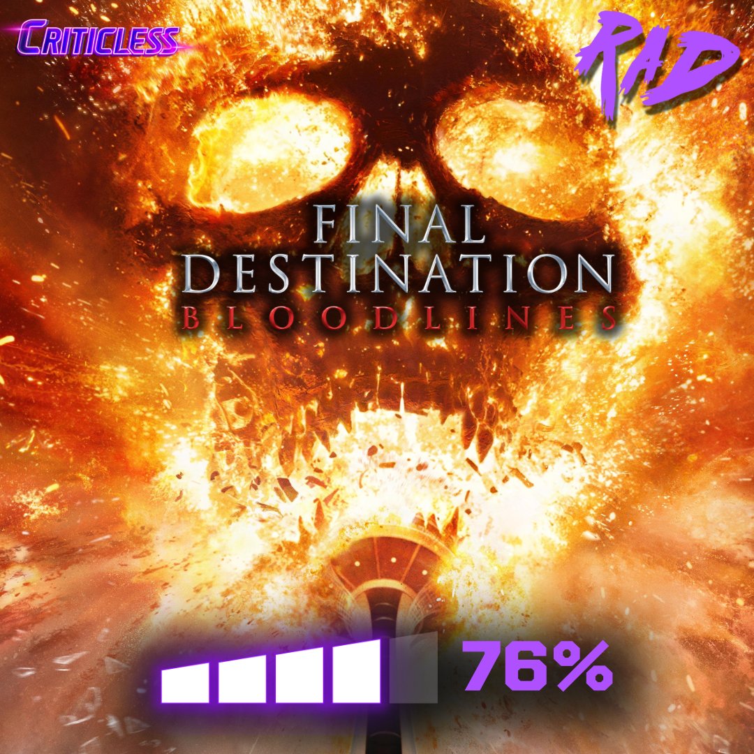 Get ready for the ultimate thrill! Final Destination: Bloodlines is here, and the audience is loving it with a Criticless score of 76%!  Did you review it on Criticless yet!? If not get on it! #FinalDestination #Bloodlines #MovieNight #Criticless