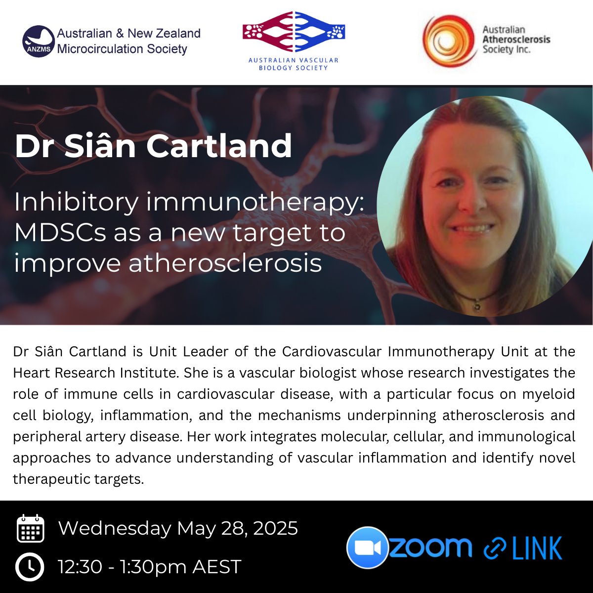 🚨 The Scientific Showcase seminar series is back for 2025!

Kicking off 
🗓️Wed 28 May, 12:30pm AEST 
🎙️ First speaker: Dr. Sian Cartland 
🔗 Join us: lnkd.in/gNCvifqn
Brought to you by <a href="/ANZMS2/">@ANZMS</a>, <a href="/AVBS_org/">Australian Vascular Biology Society</a>,  <a href="/atheroaussie/">AAS</a> 
#vascularbiology #microcirculation #research