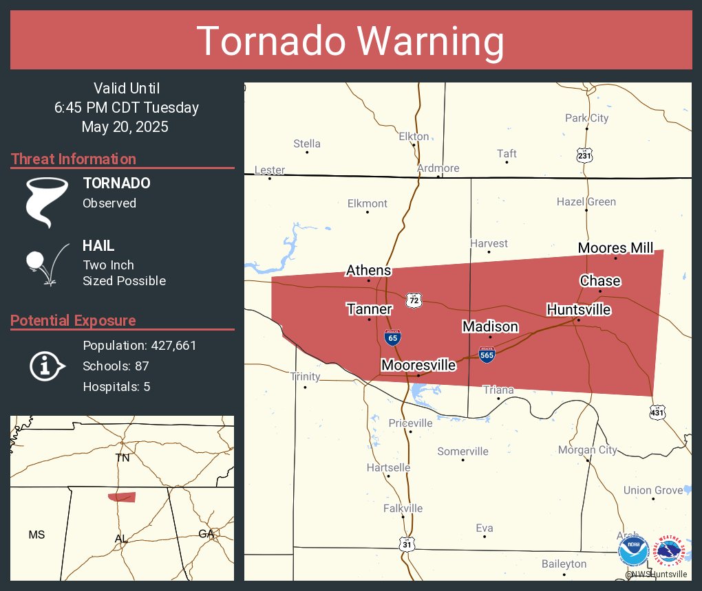 NWStornado's tweet image. Tornado Warning continues for Huntsville AL, Madison AL and  Athens AL until 6:45 PM CDT